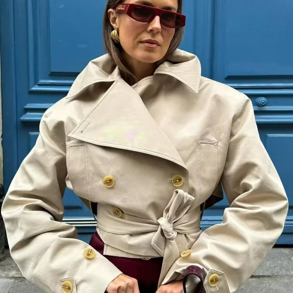 Khaki Casual Women's Cropped Trench Coat With Belt - Picture 5 of 6